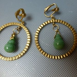 green jade teardrop CLIP  hoop earrings